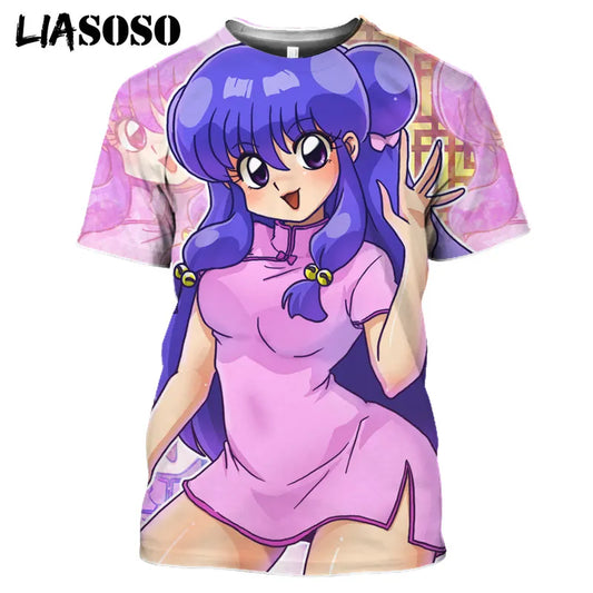 LIASOSO 3D Print Unisex Ranma 1/2 T shirt Kawaii Tendou Akane Fitness Tshirt Summer Casual O-neck Shirt Hip Hop Streetwear Tops