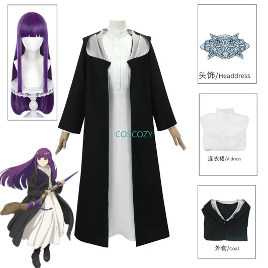 Anime Frieren: Beyond Journey's End Fern Cosplay Costume White Long Dress and Black Robe Purple Wig Headwear Halloween Suit