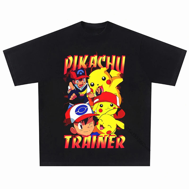 Summer Vintage T-Shirt Men Hip Hop Japanese Anime Pokemon Graphic Printed T Shirt Harajuku Cotton Casual Tshirt Tops Tees