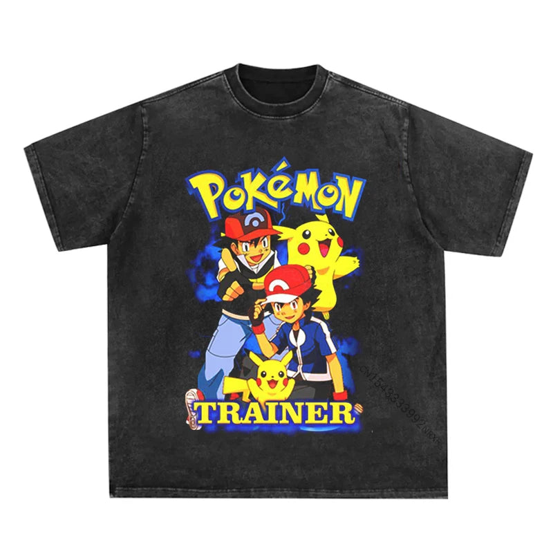 Summer Vintage T-Shirt Men Hip Hop Japanese Anime Pokemon Graphic Printed T Shirt Harajuku Cotton Casual Tshirt Tops Tees