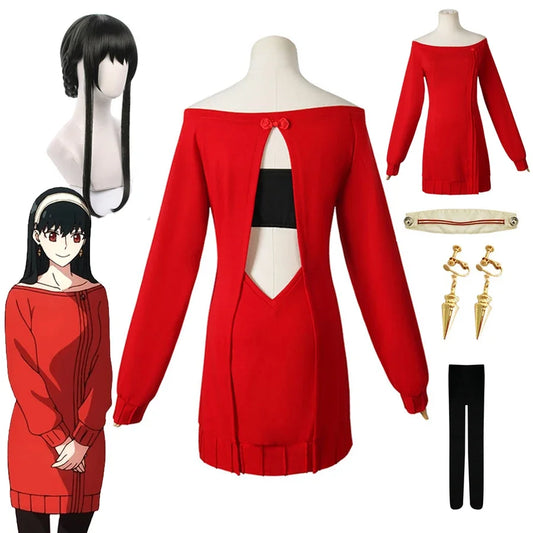 Anime SPY X FAMILY Cosplay Yor Forger Cosplay Costume Women Casual Red Sweater Sexy Dress Suit Yor Braid Wig Halloween Costumes