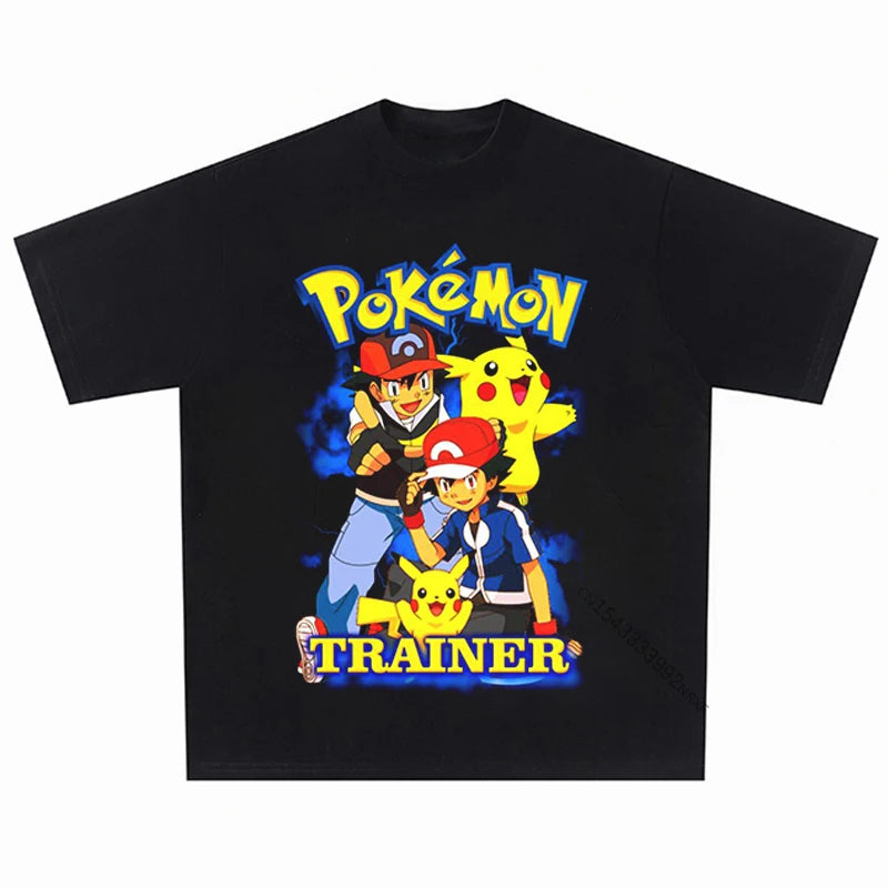 Summer Vintage T-Shirt Men Hip Hop Japanese Anime Pokemon Graphic Printed T Shirt Harajuku Cotton Casual Tshirt Tops Tees